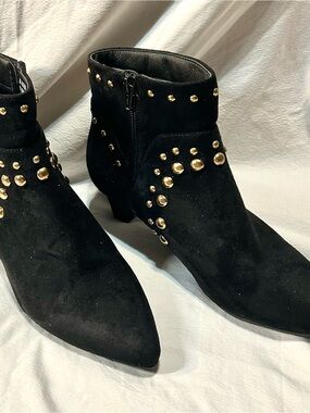 Studded Black Suede Ankle Boots - Women's Fashion Bootie